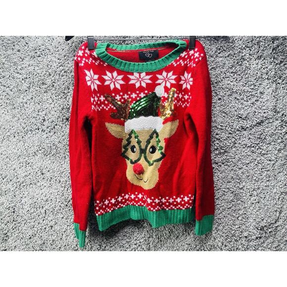 It's Our Time Reindeer Christmas Sweater Girls Size Medium Multicolor Holiday - Picture 2 of 10